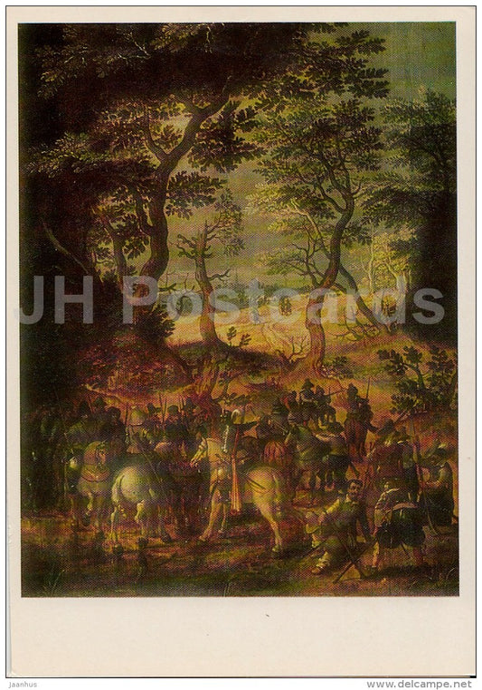 painting by Sebastiaen Vrancx - Landsknecht in a Forest - woman - Flemish art - 1984 - Russia USSR - unused - JH Postcards