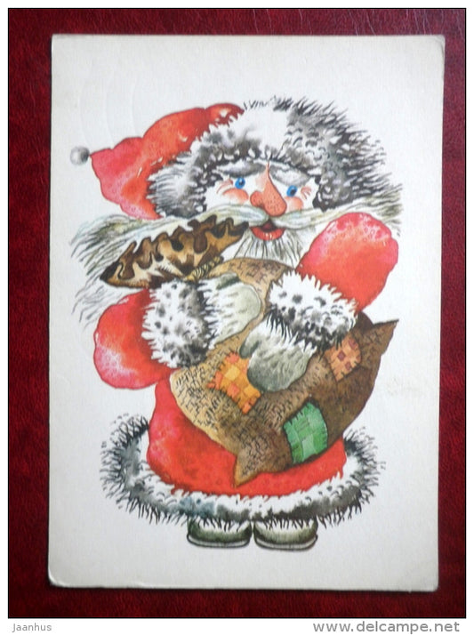 New Year Greeting card - by I. Raudsepp - Santa Claus - gifts - 1984 - Estonia USSR - used - JH Postcards