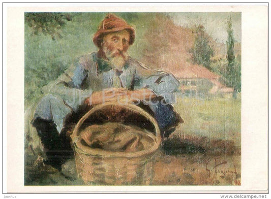 painting by U. Dzhaparidze - Imertian with Basket , 1938 - old man - georgian art - unused - JH Postcards