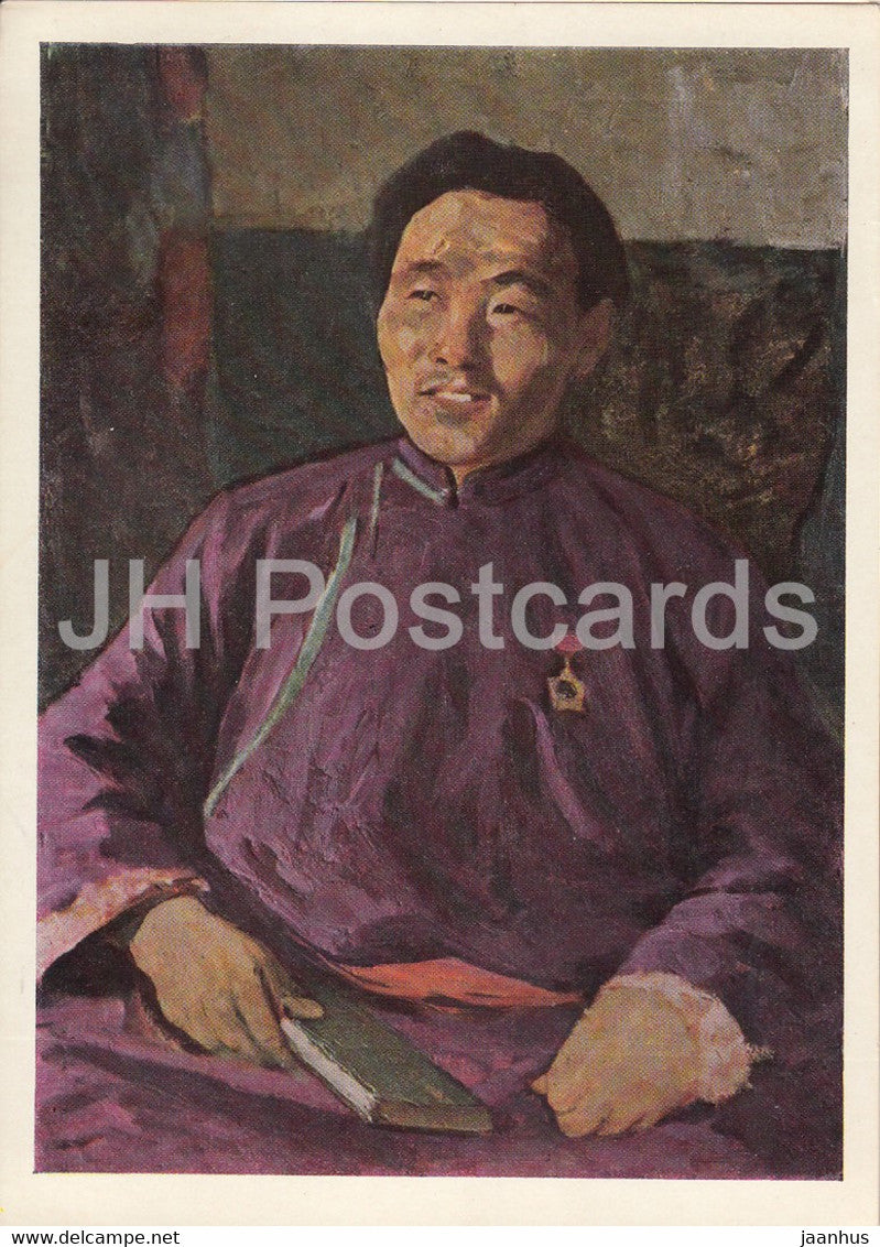 painting by A. Stroganov - Heroe of Labor - tractor driver - Mongolian art - 1966 - Russia USSR - unused - JH Postcards