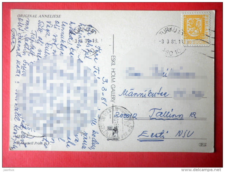 illustration by Anneliese - mouse - bird - 4825-2 - Sweden - sent from Finland Turku to Estaonia USSR 1981 - JH Postcards