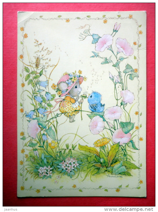 illustration by Anneliese - mouse - bird - 4825-2 - Sweden - sent from Finland Turku to Estaonia USSR 1981 - JH Postcards