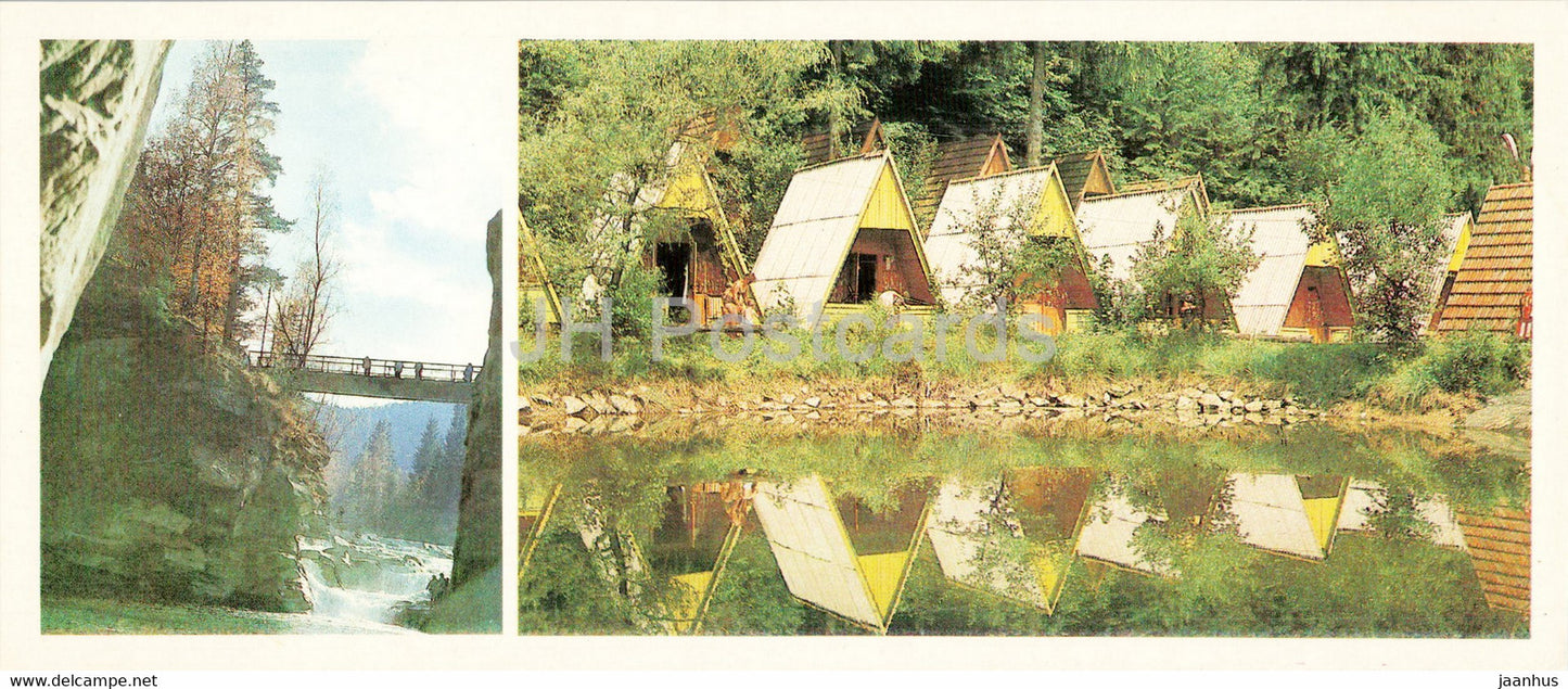 bridge over waterfall on the Prut river - summer camp base in Yaremche - Hutsul Places - 1986 - Ukraine USSR - unused - JH Postcards