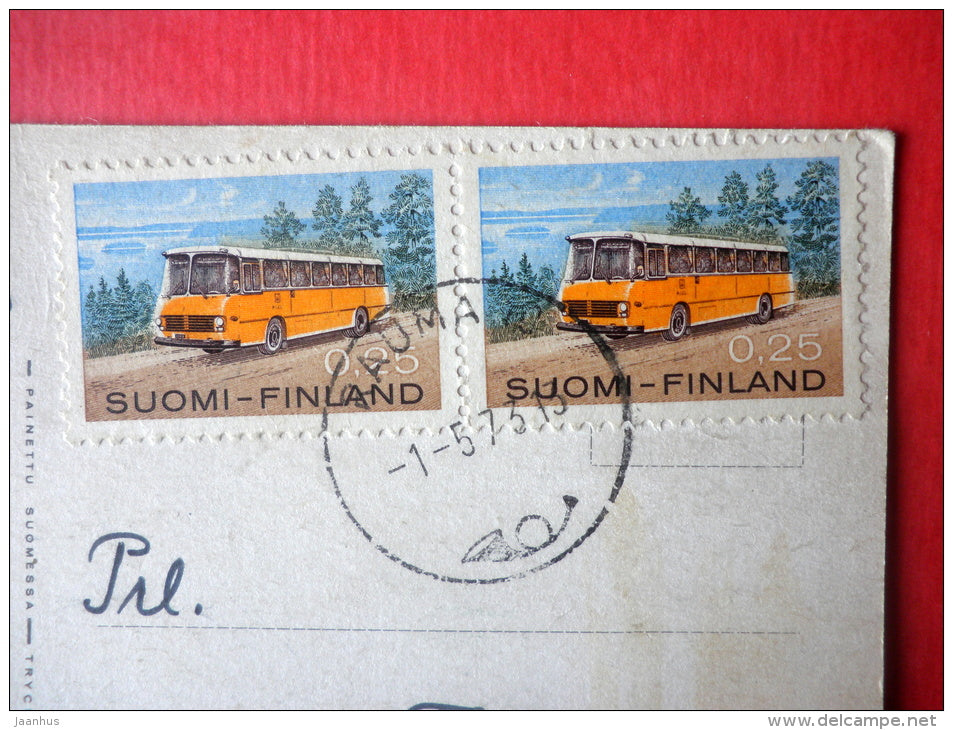 illustration by Will Berg - pig - hare - airplane - bus - 2435 - Finland - sent from Finland Rauma to Estonia USSR 1973 - JH Postcards