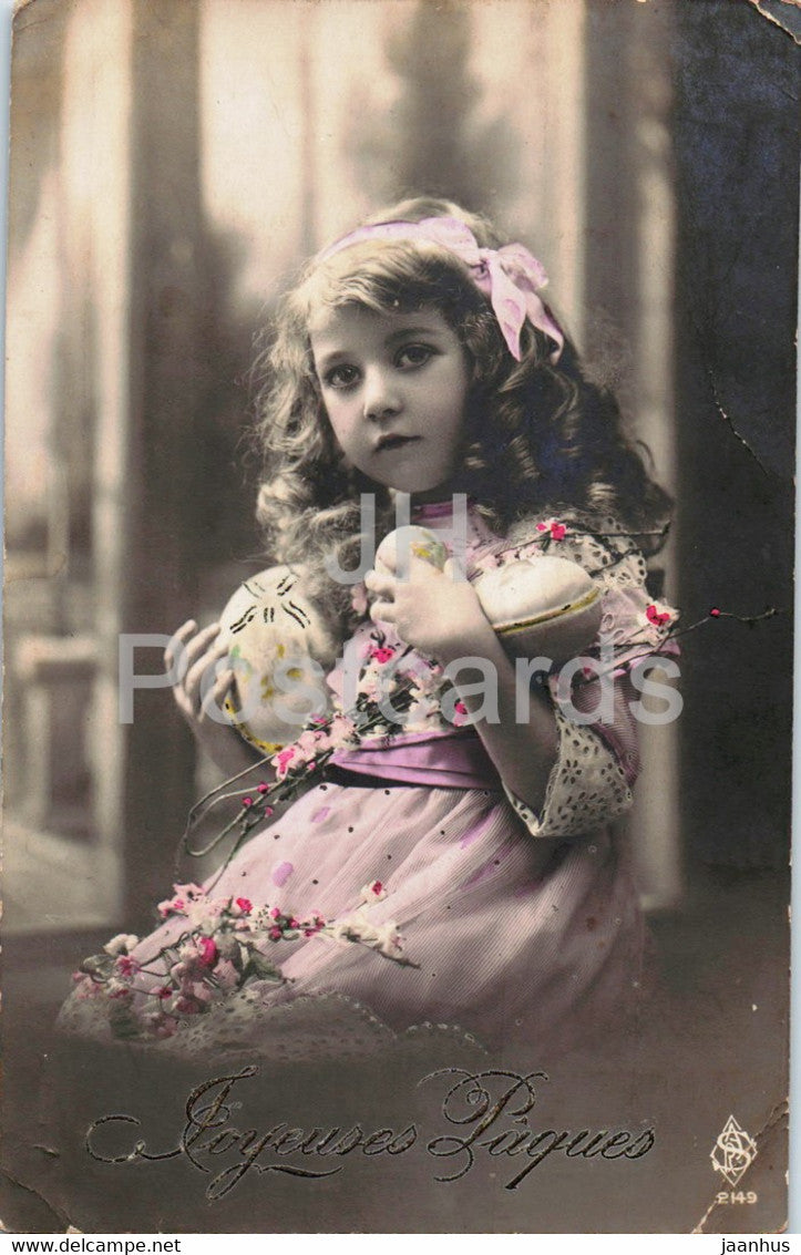 Easter Greeting Card - Joyeuses Paques - girl - eggs - 2149 - old postcard - old postcard - France - used - JH Postcards