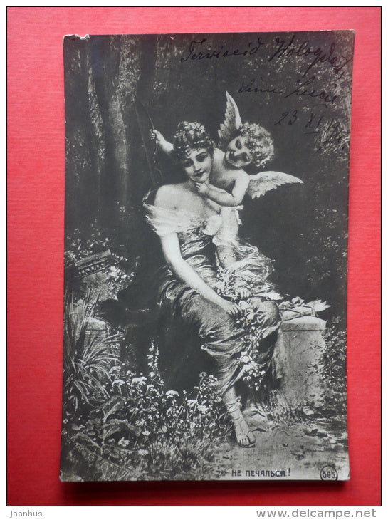 painting - Don`t be Sad - angel - woman - art - 505 - sent from Vologda to Estonia Weissenstein Imperial Russia 1911 - JH Postcards