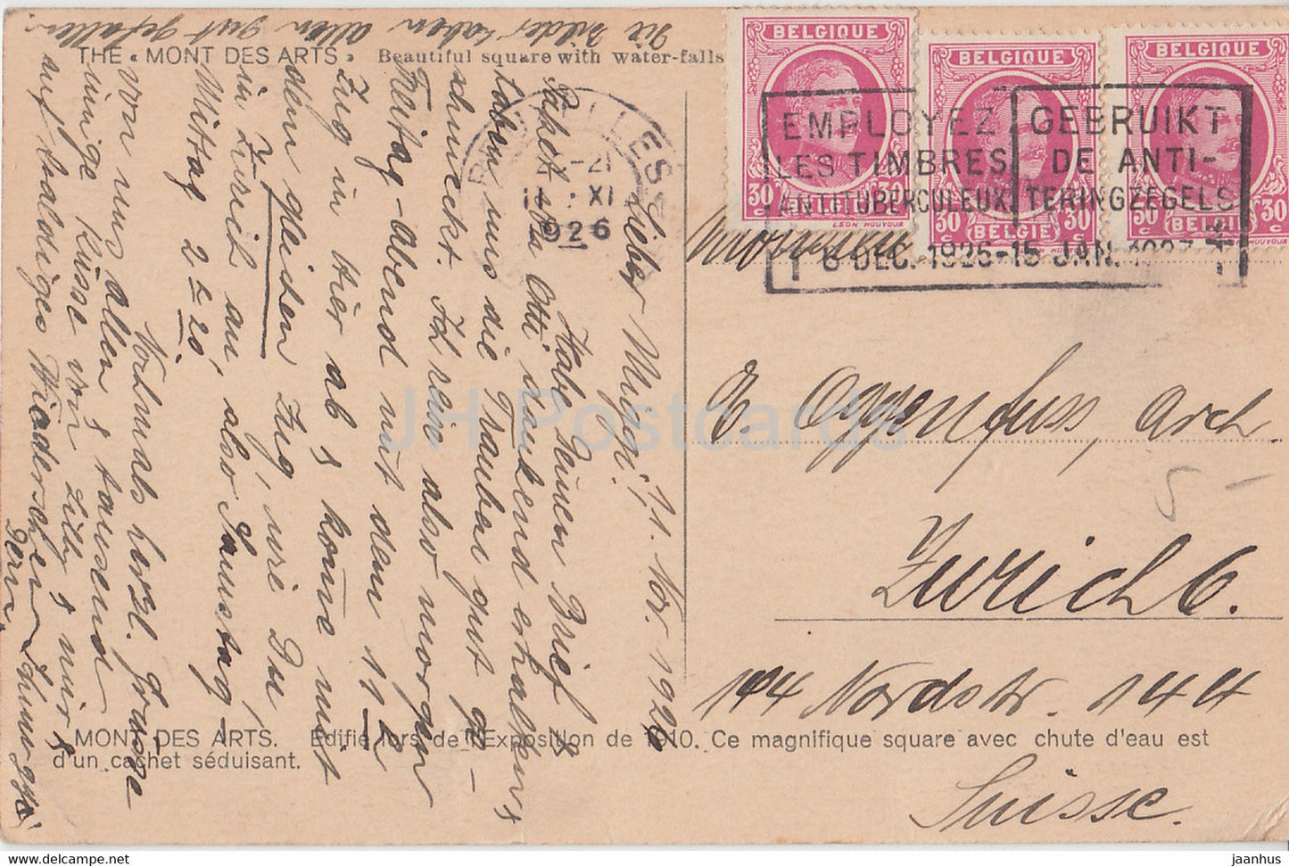 Brüssel – Brüssel – Mont des Arts – Berg der Künste – altes Auto – alte Postkarte – 1926 – Belgien – gebraucht