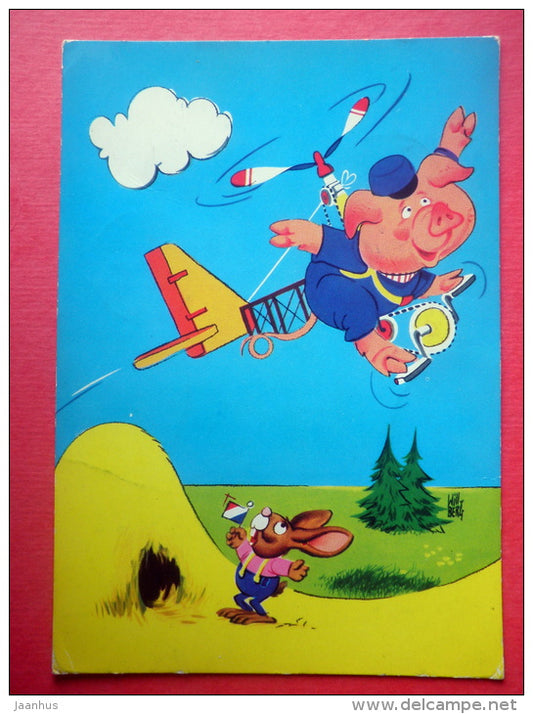 illustration by Will Berg - pig - hare - airplane - bus - 2435 - Finland - sent from Finland Rauma to Estonia USSR 1973 - JH Postcards