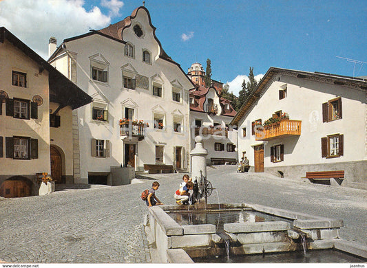 Bad Scuol - Tarasp - Vulpera 1250 m - Dorfplatz Bugl Grond - 2039 - Switzerland - used - JH Postcards