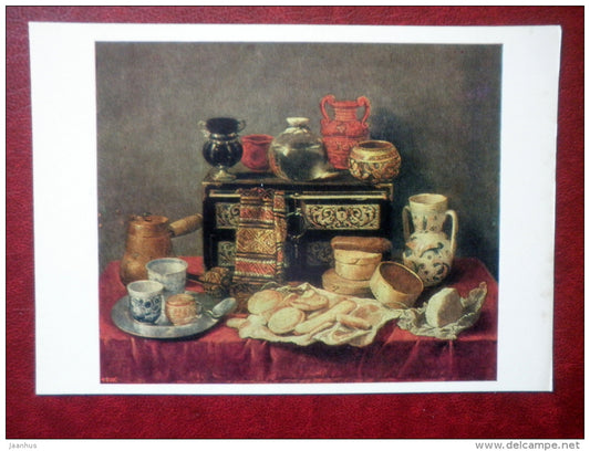 painting by Antonio de Pereda - Still Life - cups - bread - spanish art - unused - JH Postcards