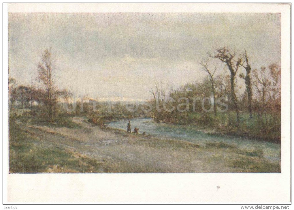 painting by I. Pokhitonov - Early Spring . Laundress on the bank of Gava , 1885 - russian art - unused - JH Postcards