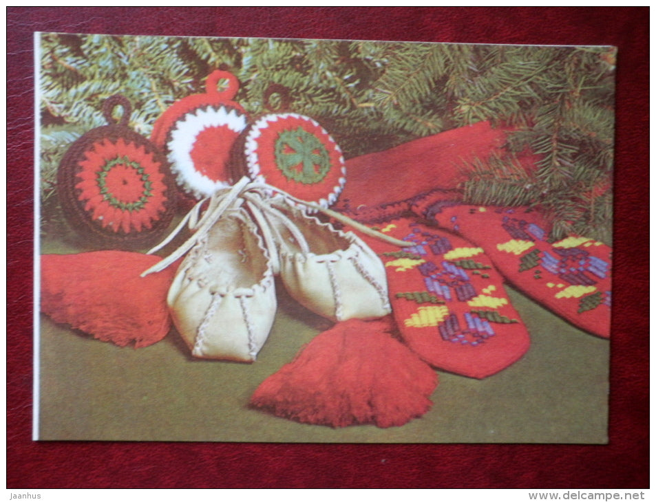 New Year Greeting card - leather shoes - mittens - 1983 - Estonia USSR - used - JH Postcards
