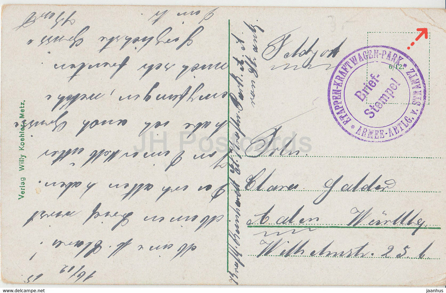 Metz - Generalkommando - Etappen Kraftwagen Park - Feldpost - alte Postkarte - 1915 - Frankreich - gebraucht