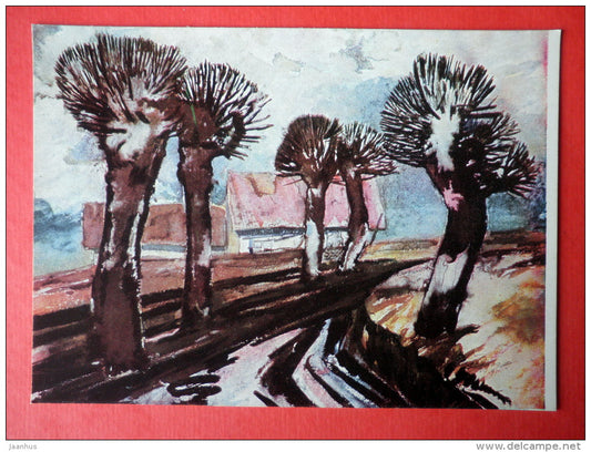 painting by V. Selkovs - After the Rain . 1967 - house - aquarelle - latvian art - unused - JH Postcards