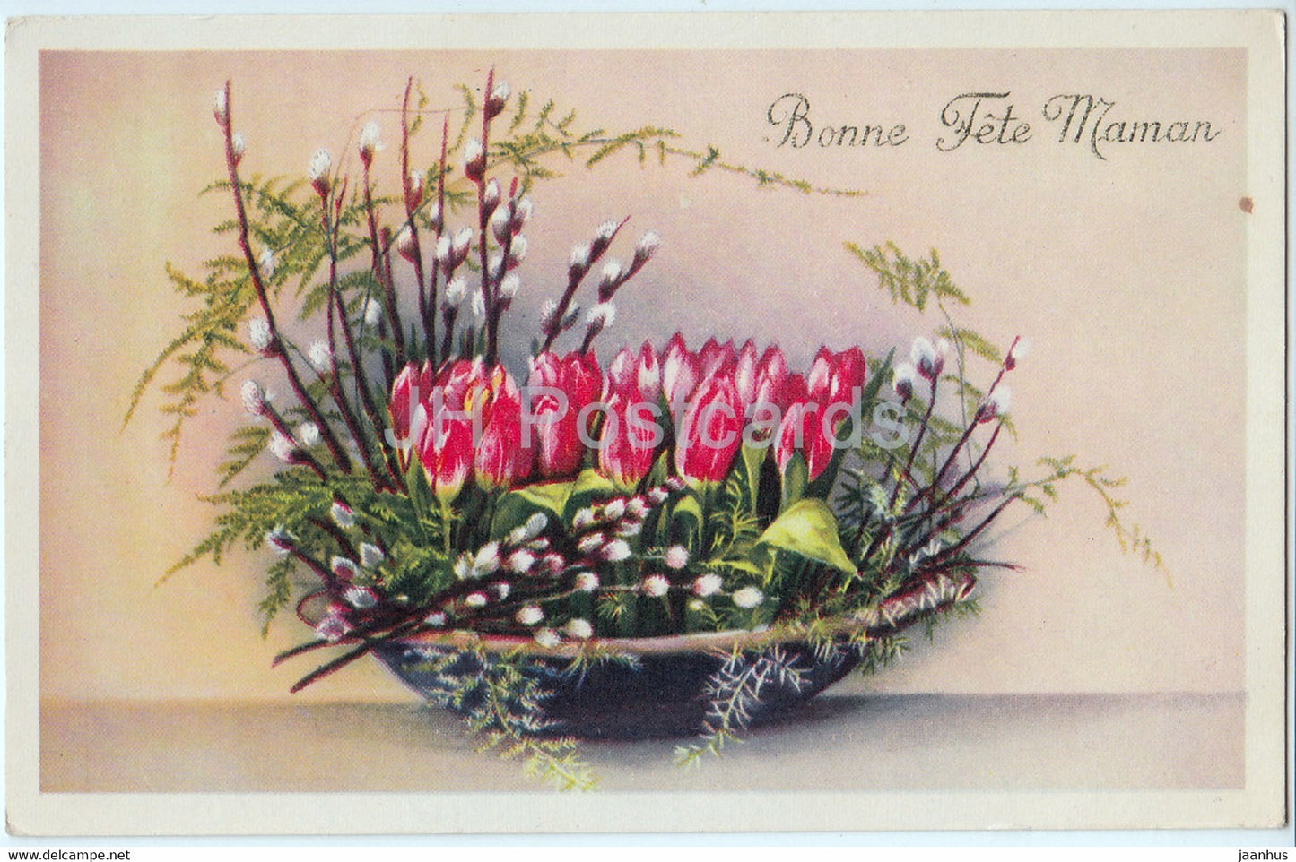 Birthday Greeting Card - Bonne Fete Maman - flowers - tulip - R. Hamel - illustration - old postcard - France - used - JH Postcards