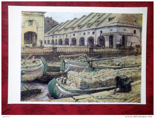 Painting by E. Lanceray - Nikolsky Market in St. Petersburg . 1901 - boats - russian art - unused - JH Postcards