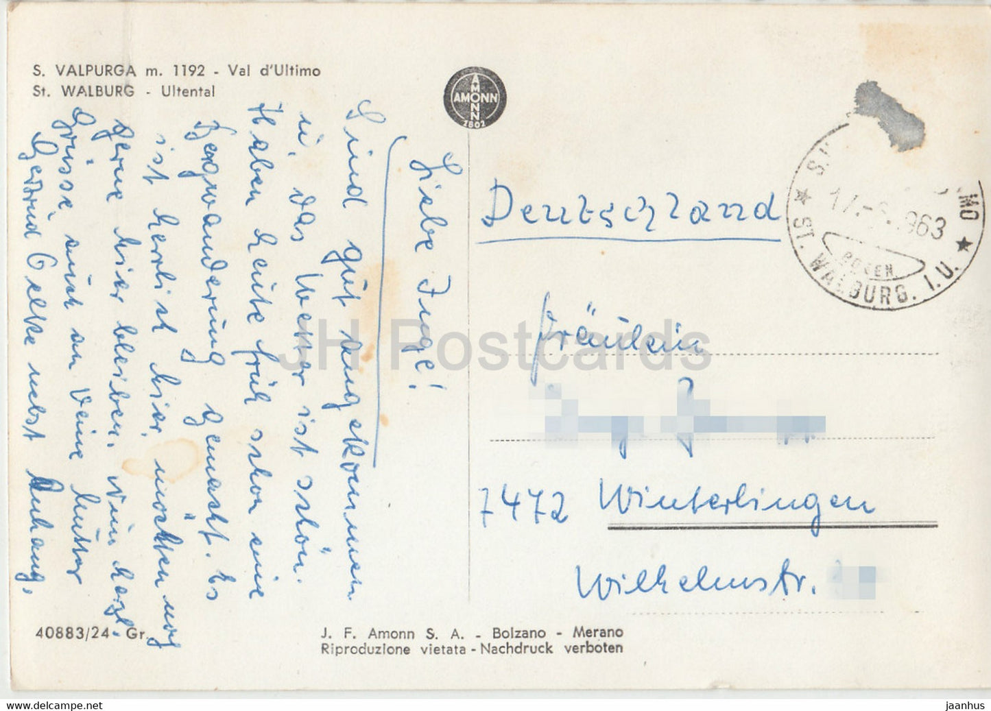 S Valpurga 1192 m - Ultental - St. Walburg - Ultental - 1963 - Italien - gebraucht
