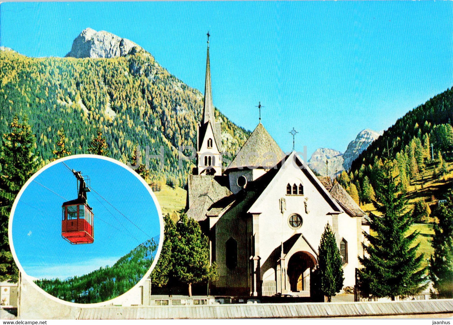 Moena - Val di Fassa - Chiesa di S Vigilio - Funivia del Lusia - cable car - church - Italy - used - JH Postcards