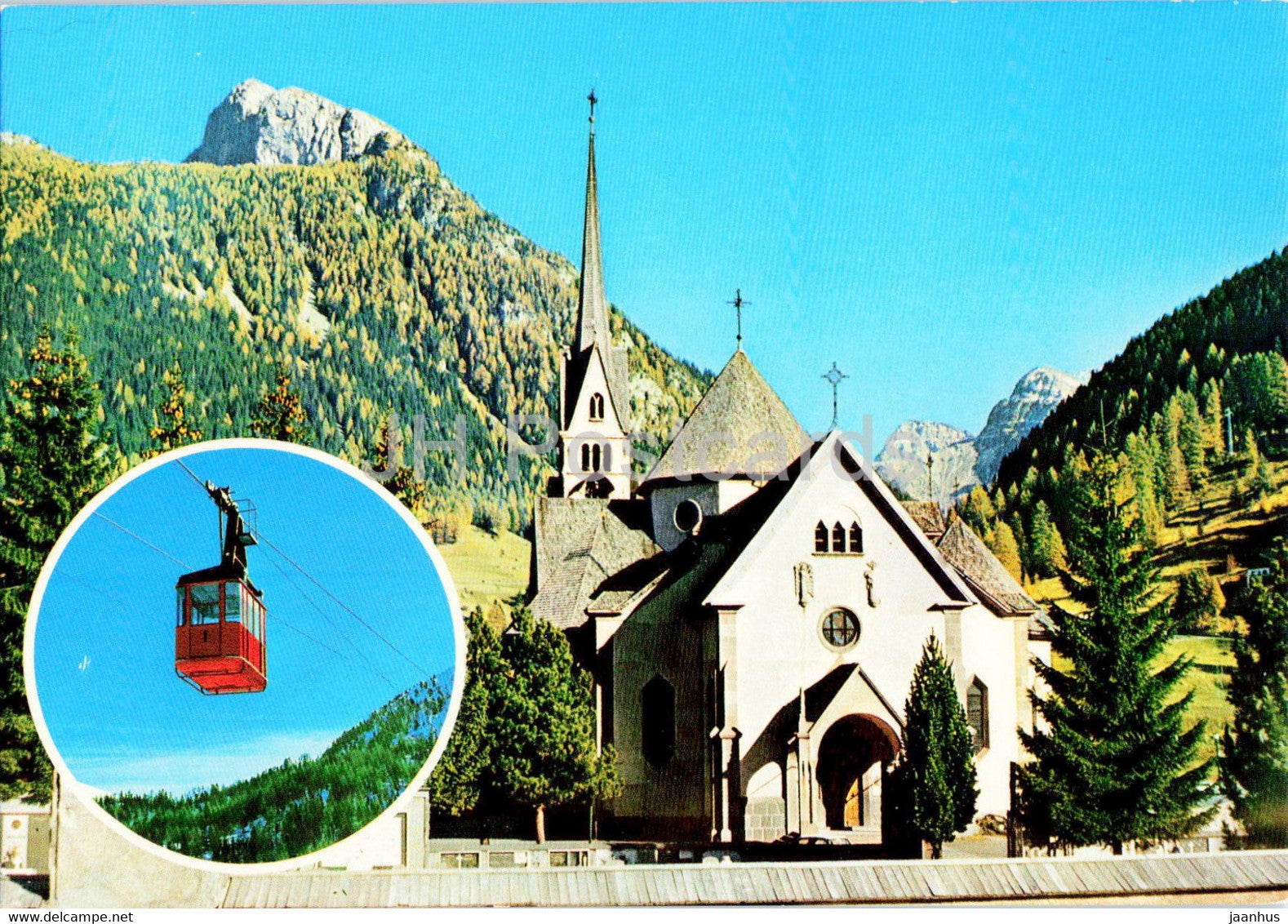 Moena - Val di Fassa - Chiesa di S Vigilio - Funivia del Lusia - cable car - church - Italy - used - JH Postcards