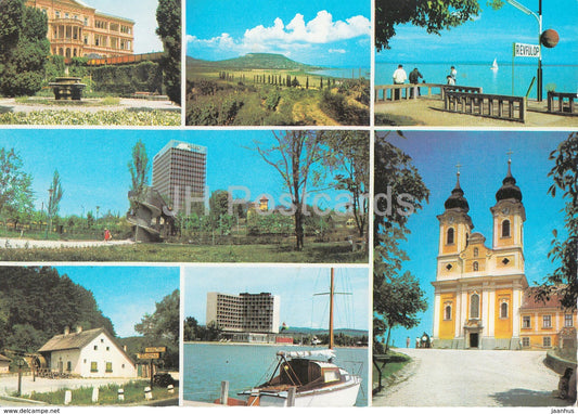 Greeting from the lake Balaton - church - boat - hotel - multiview - 1970s - Hungary - used - JH Postcards