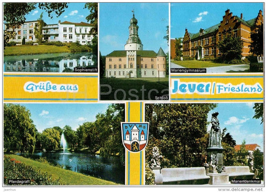 Grüss aus Jever , Friesland - Sophienstift - Mariengymnasium - Pferdegraft - Mariendenkmal - Germany - 1990 gelaufen - JH Postcards