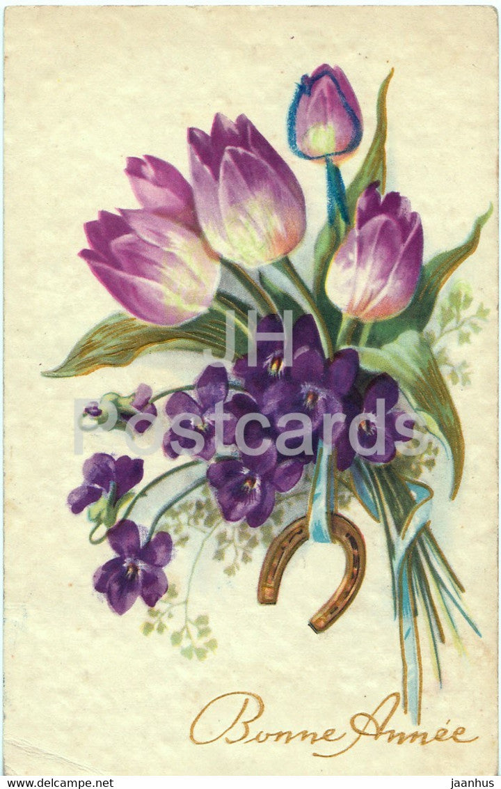 Birthday Greeting Card - Bonne Annee - flowers - purple tulips - illustration - old postcard - France - used - JH Postcards