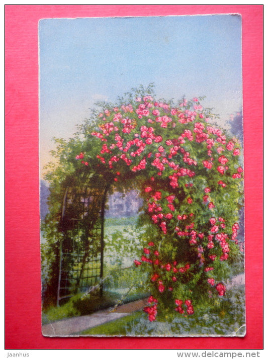 photograph - flowers - gate - HB - Photochromie - 4042 - 3431 - circulated in Estonia Tallinn 1931 - JH Postcards
