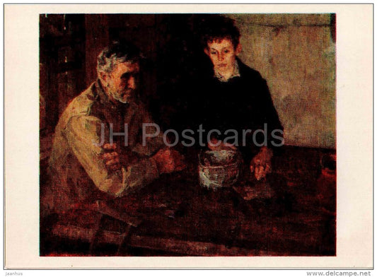 painting by V. Gavrilov - Dmitri with adopted son , 1969 - russian art - unused - JH Postcards