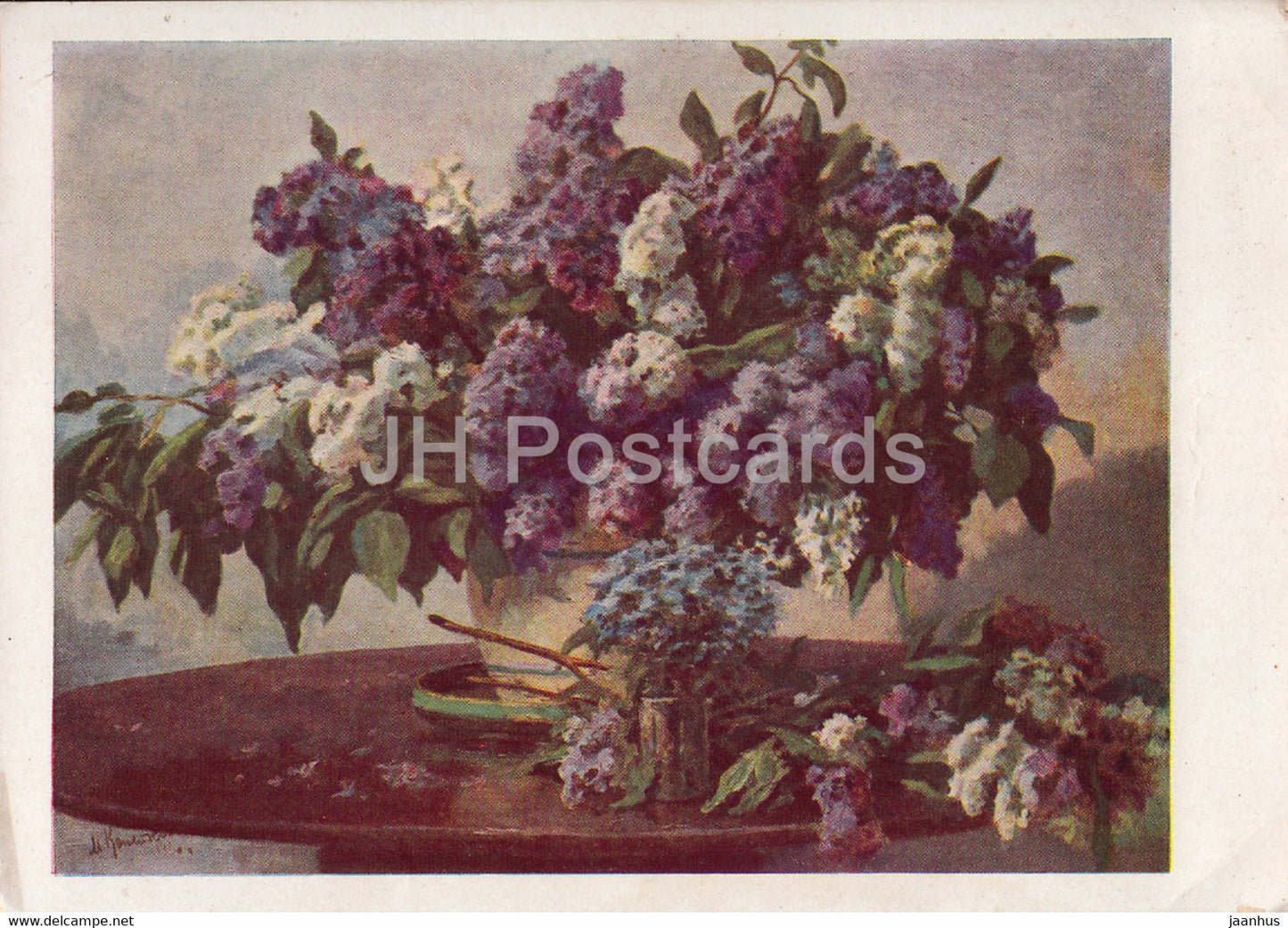 painting by M. Kopeykin - Lilac in the Vase - Russian art - postal stationery - 1963 - Russia DDR - unused - JH Postcards