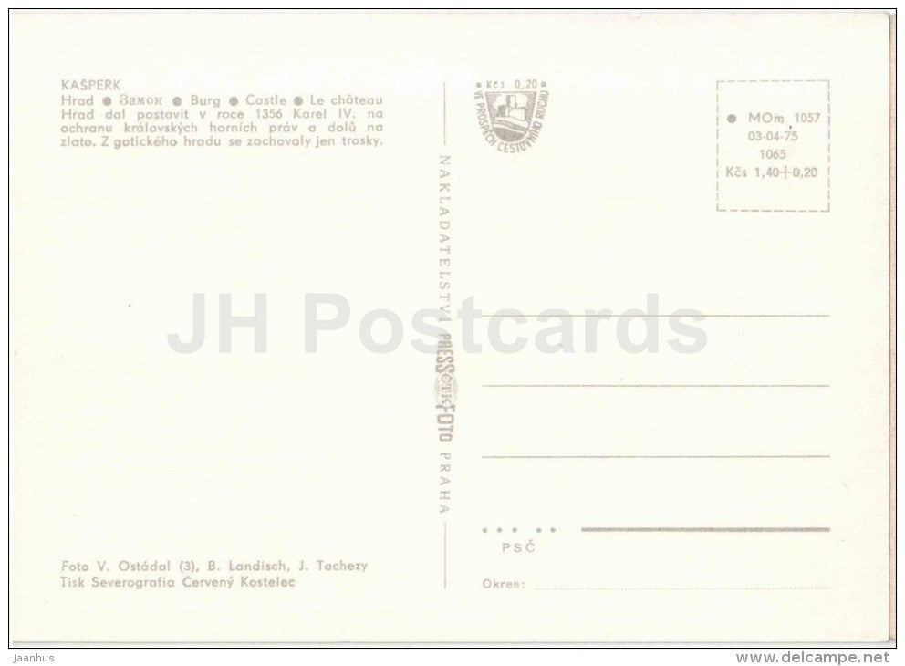 Kasperk - castle - Czechoslovakia - Czech - unused - JH Postcards
