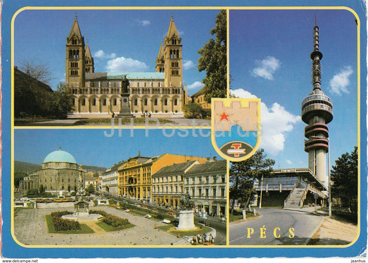 Pecs - architecture - tower - square - multiview - 1980s - Hungary - used - JH Postcards
