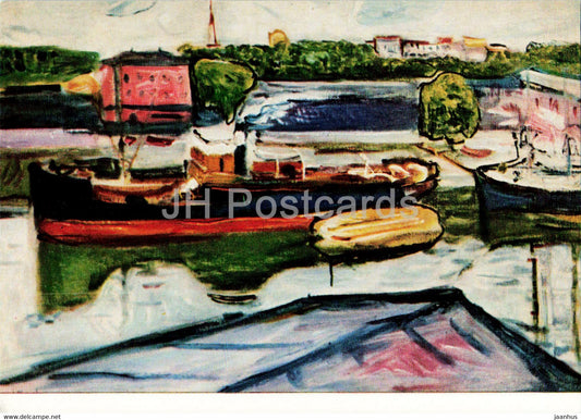 painting by Edvard Munch - Hafen von Lubeck - Port in Lubeck - ship - 1 - Norwegian art - Germany - unused - JH Postcards
