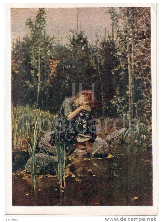 painting by V. Vasnetsov - Alyonushka - russian folk tale - State Tretyakov Gallery - russian art - unused - JH Postcards
