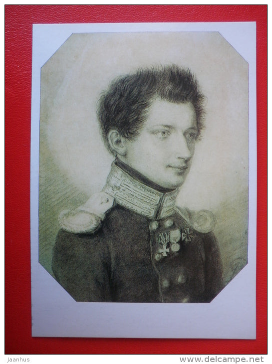 drawing by P. Sokolov , portrait of I. Yakushkin - Pushkin and his contemporaries - russian art - unused - JH Postcards