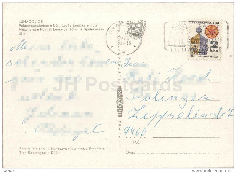 Lazne Luhacovice - palace-sanatorium - Leos Janacka house - hotel Alexandria - Czechoslovakia - Czech - used 1976 - JH Postcards