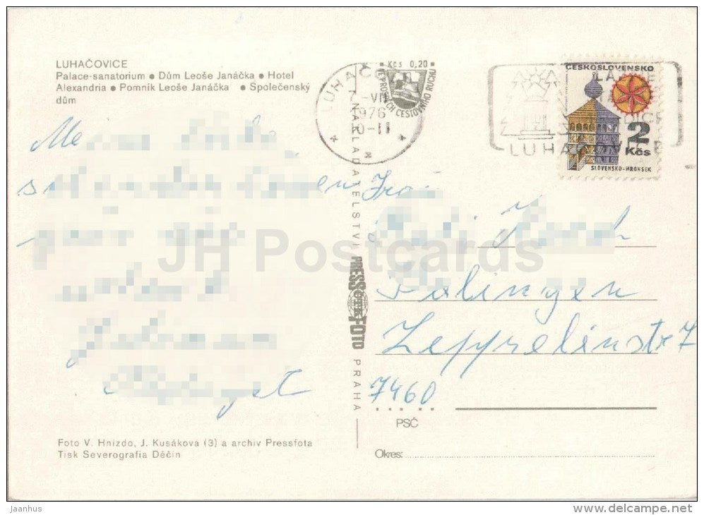 Lazne Luhacovice - palace-sanatorium - Leos Janacka house - hotel Alexandria - Czechoslovakia - Czech - used 1976 - JH Postcards