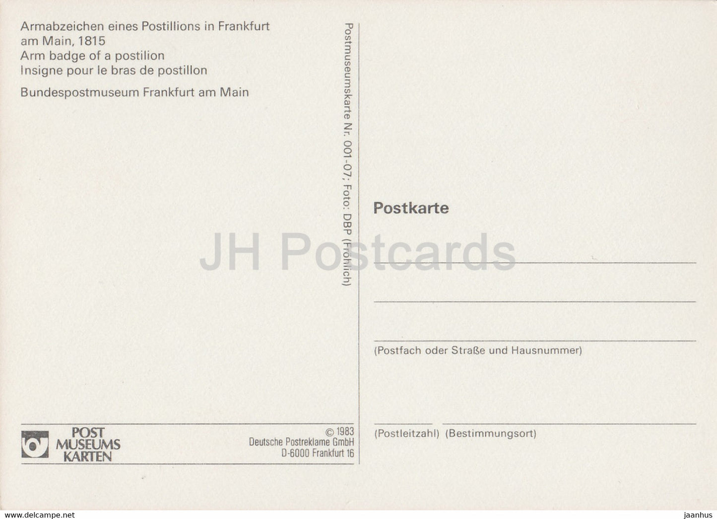 Armabzeichen eines Postillions à Francfort-sur-le-Main 1815 - Insigne de bras de facteur - 1983 - Allemagne - inutilisé