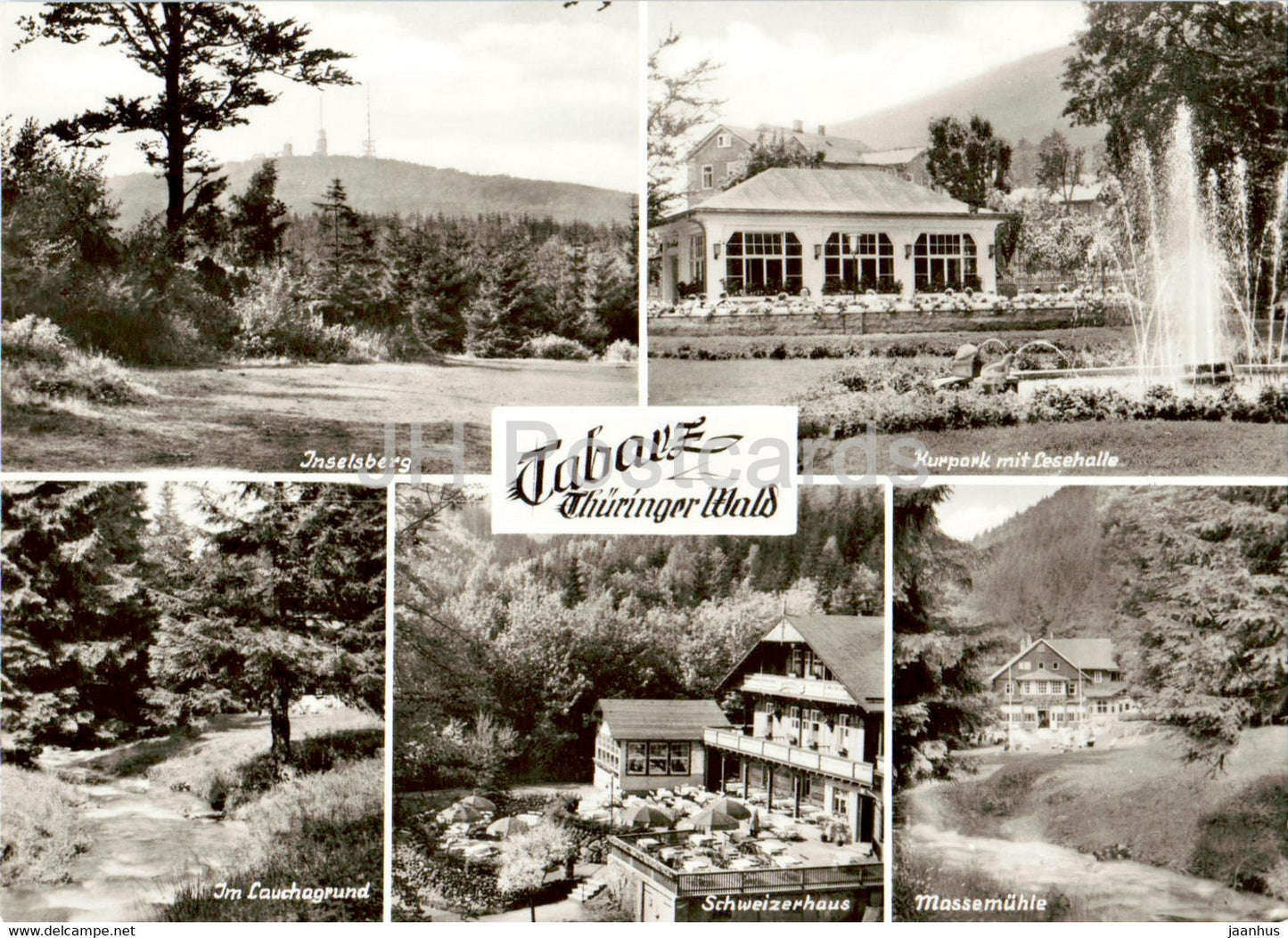 Tabarz - Thuringer Wald - Inselsberg - Kurpark mit Lesehalle - Schweizerhaus - Massemuhle - Germany DDR - unused - JH Postcards