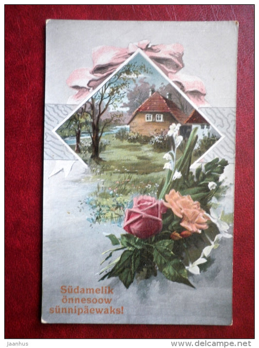 Birthday Greeting Card - roses - flowers - house - 4688 - circulated in Tsarist Russia 1914 , Wesenberg - used - JH Postcards