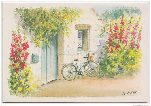 illustration by D. Lebeau - bicycle - house - Sweden - used in 1998 - JH Postcards
