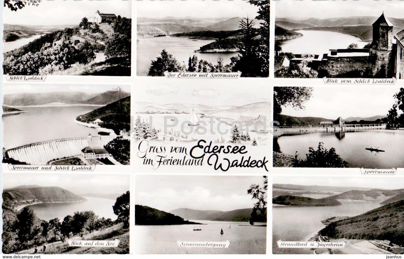 Gruss vom Edersee im Ferienland Waldeck - Sperrmauer - Schloss - Jagerheim - old postcard - Germany - unused - JH Postcards