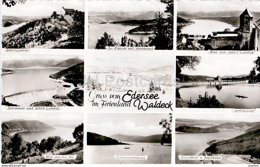 Gruss vom Edersee im Ferienland Waldeck - Sperrmauer - Schloss - Jagerheim - old postcard - Germany - unused - JH Postcards