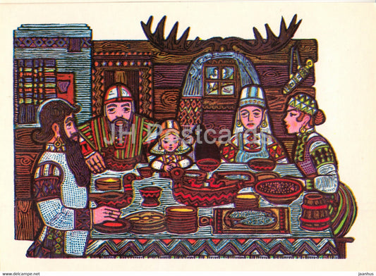 illustration by V. Ignatov - Girl with a spindle - feast - Komi fairy tale - 1977 - Russia USSR - unused - JH Postcards