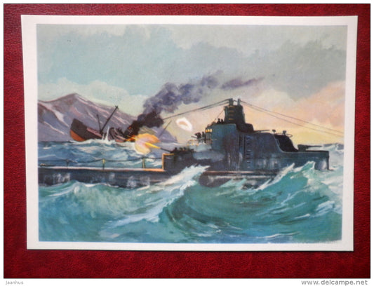 The sinking of enemy transport ship by the Soviet submarine K-2 - by P. Pavlinov - WWII - 1974 - Russia USSR - unused - JH Postcards