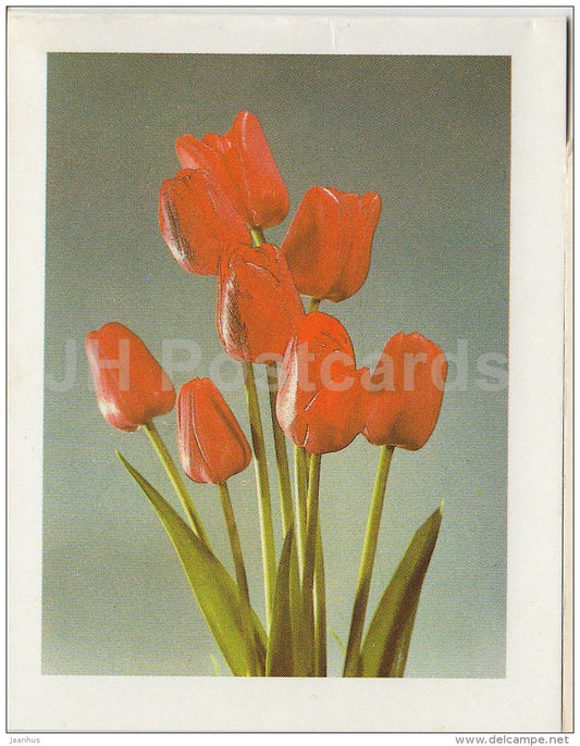 mini Birthday greeting card - red tulips - flowers - 1989 - Estonia USSR - unused - JH Postcards
