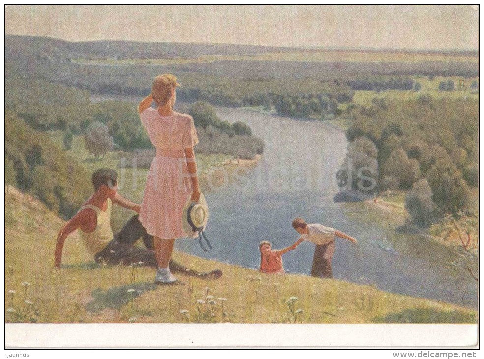 painting by M. Likhachev - In Native Expanses - young women and men - russian art - unused - JH Postcards