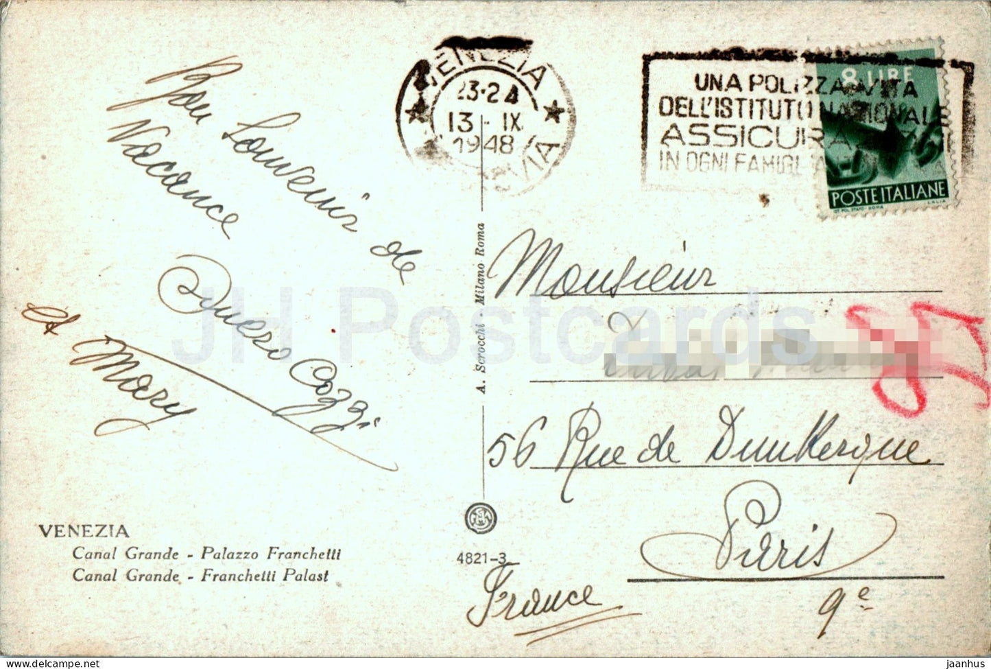 Venezia - Venise - Canal Grande - Palazzo Franchetti - Canal Grande - 4821-3 - carte postale ancienne - 1948 - Italie - utilisé 