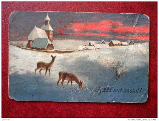 New Year Greeting Card - roe deer - church - winter - houses - 5549 - circulated in 1928 - Estonia - used - JH Postcards