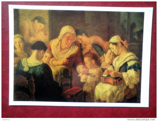 painting by Gaspare Traversi , A Lesson of Needlework - italian art - unused - JH Postcards