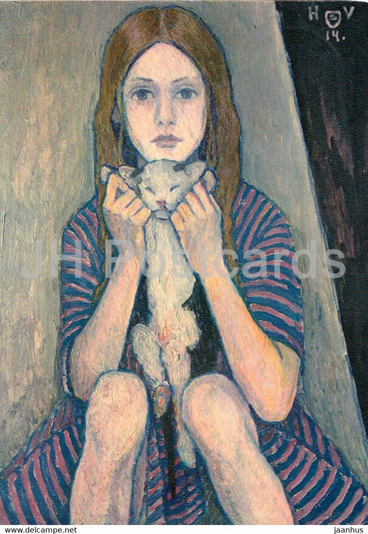 painting by Henrich Vogeler - Madchen mit Katze - German art - Germany - used - JH Postcards